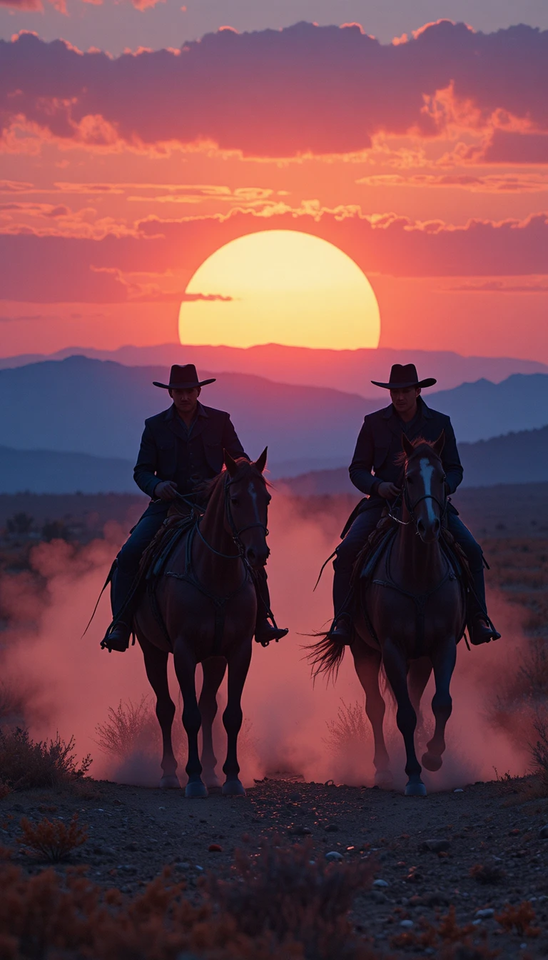 Dois caubóis cavalgando por um vasto deserto ao entardecer