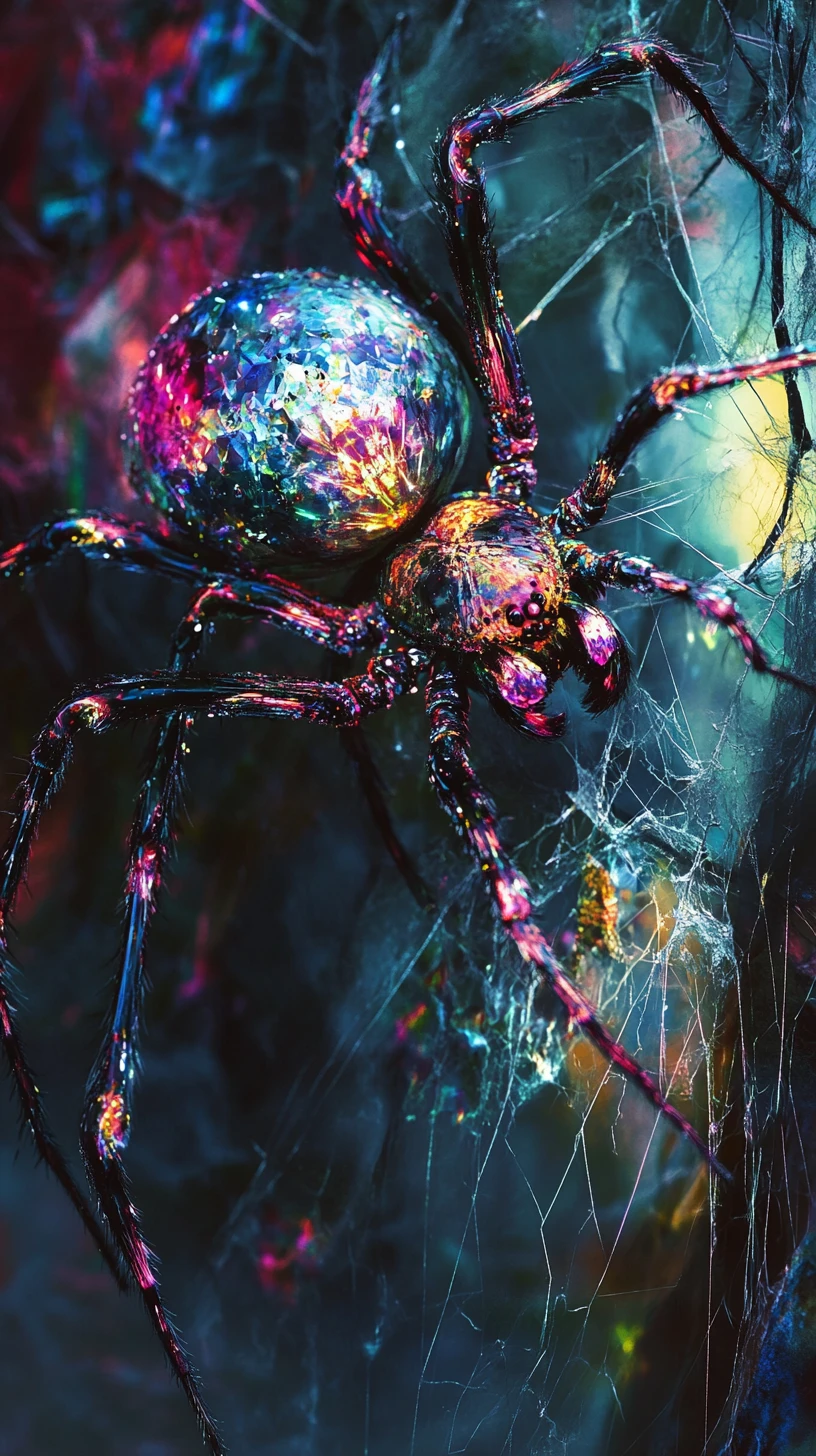 Neon cybernetic spider on tree in luminous close up