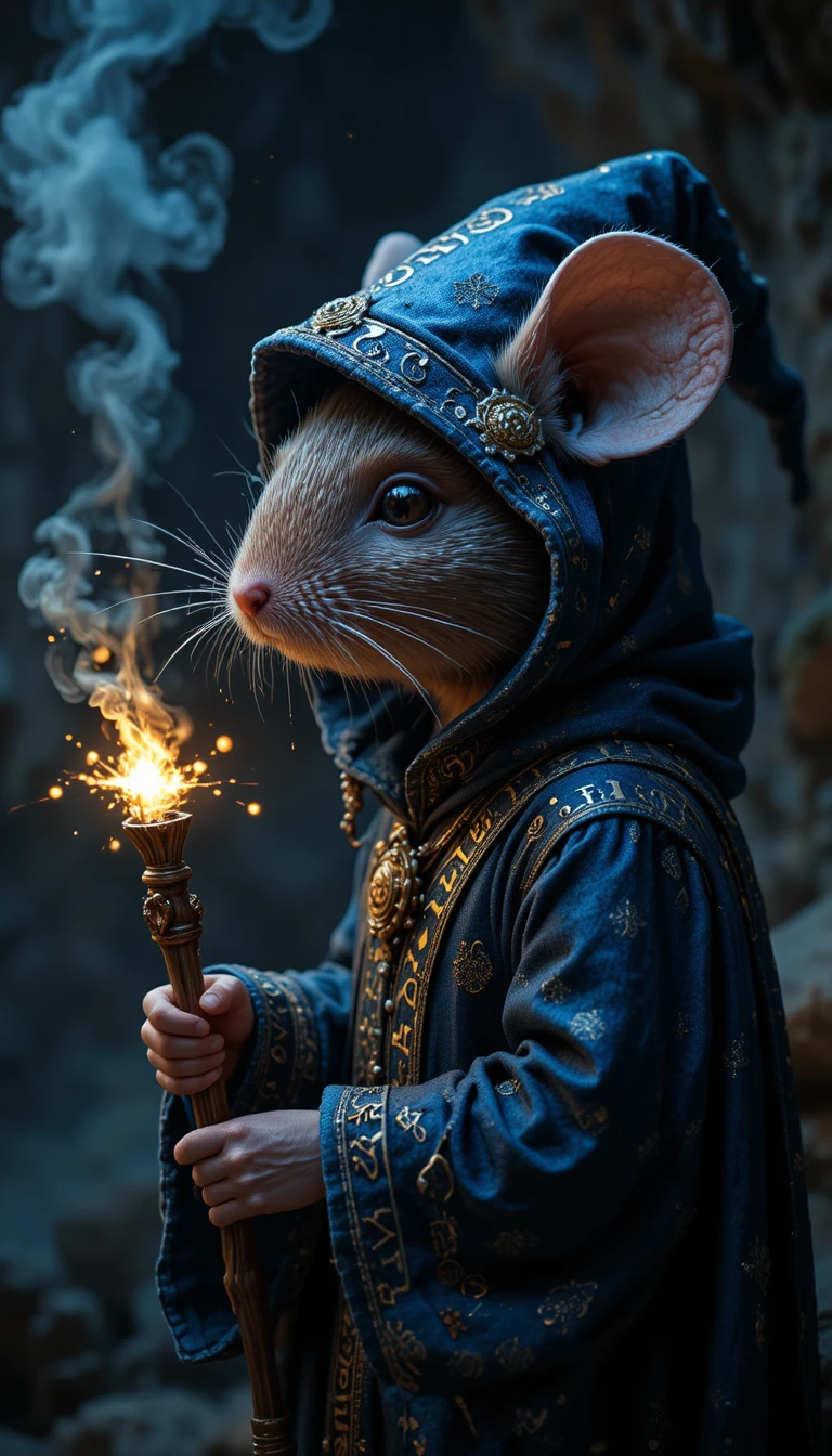 Rato mago em manto azul com capuz lançando magia dourada