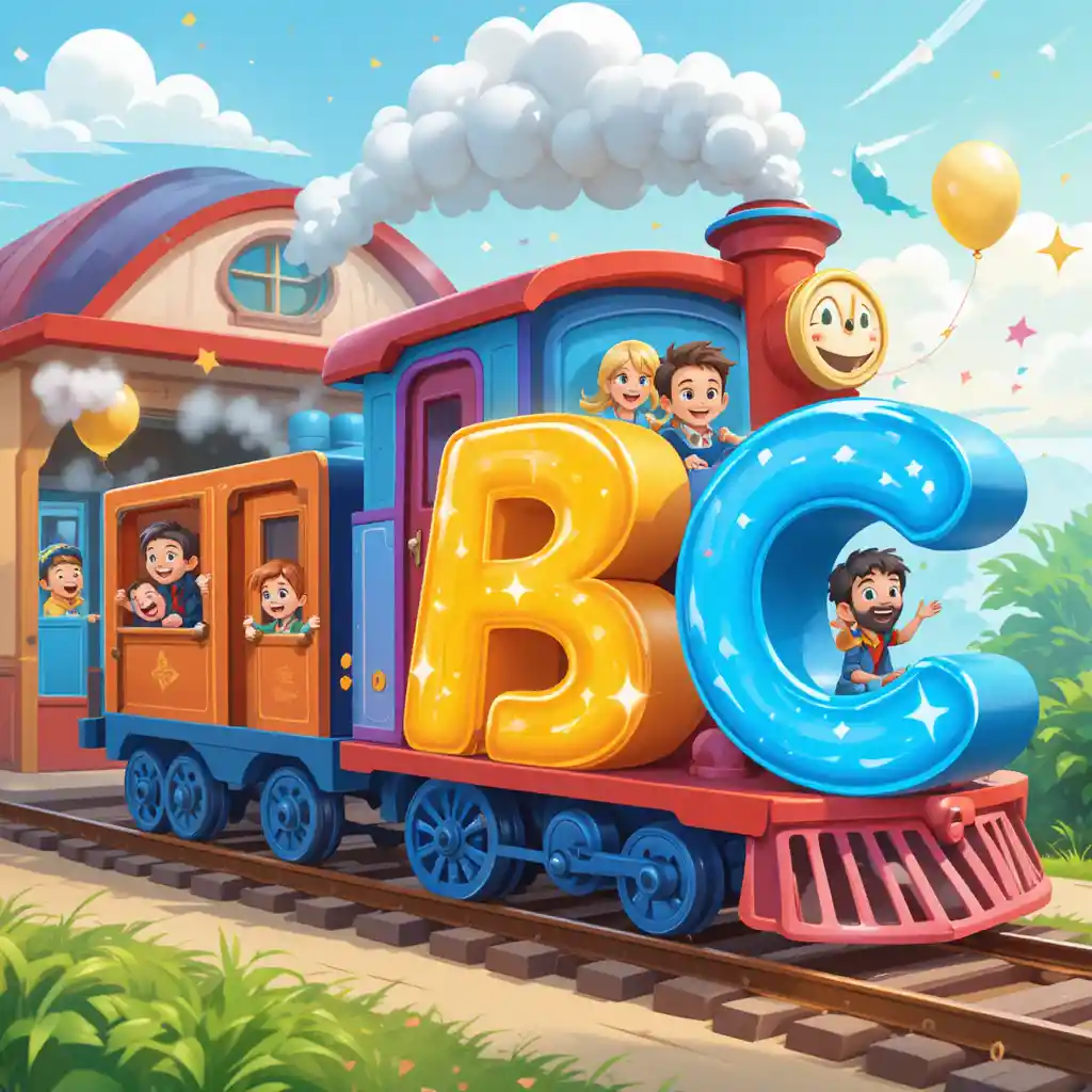 Happy cartoon train arriving at a colorful station
