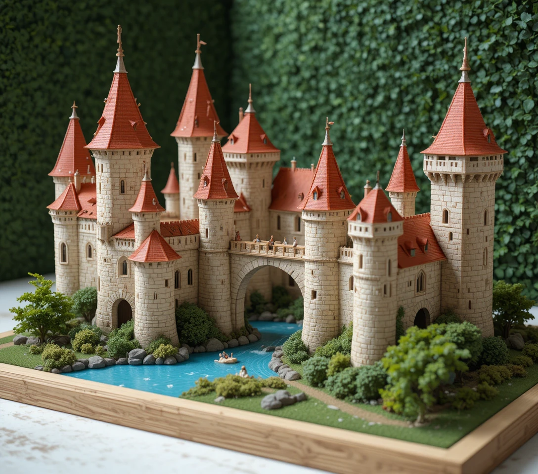 Modelo detalhado de castelo medieval em base de madeira no jardim