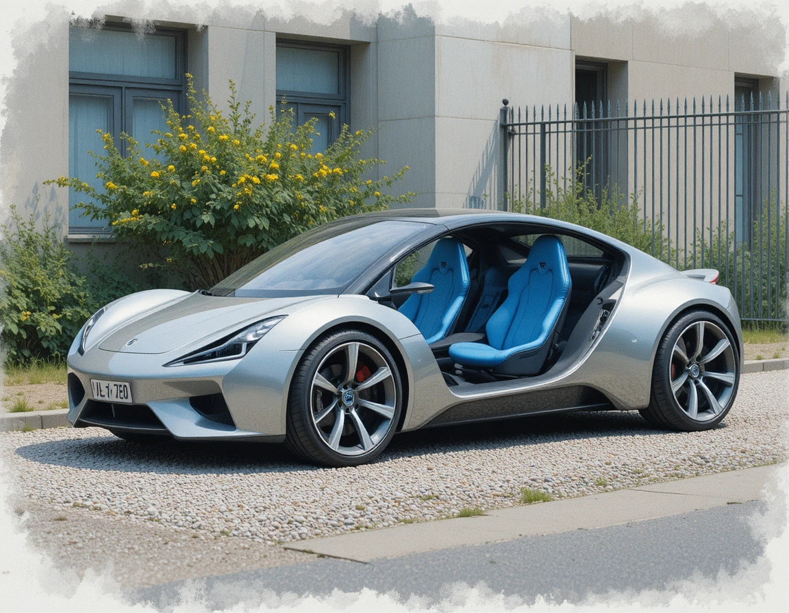 Carro futurista prateado com bancos azuis em área de estacionamento de cascalho