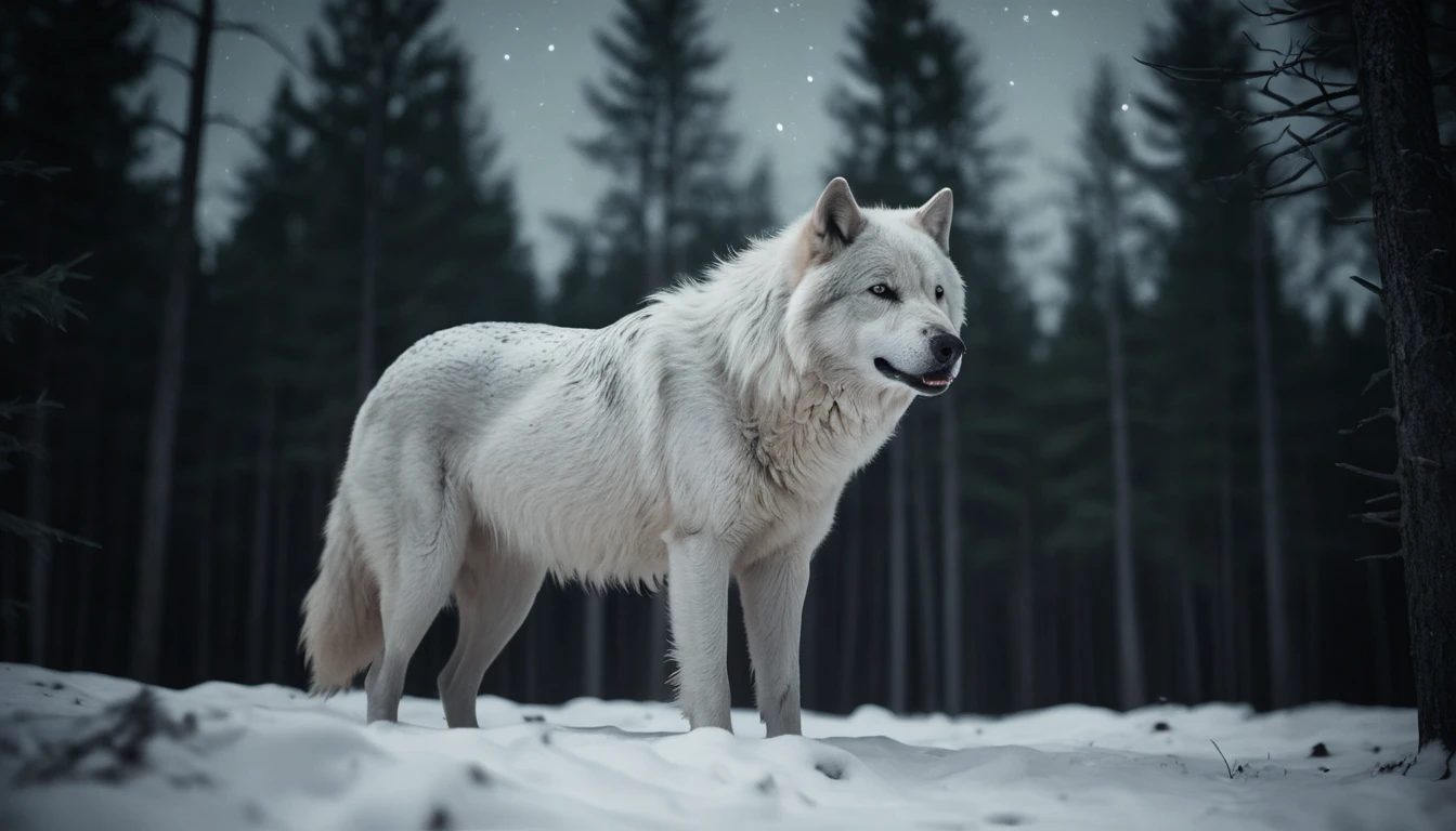 Lobo terrível fantasmagórico em floresta nevada ao luar