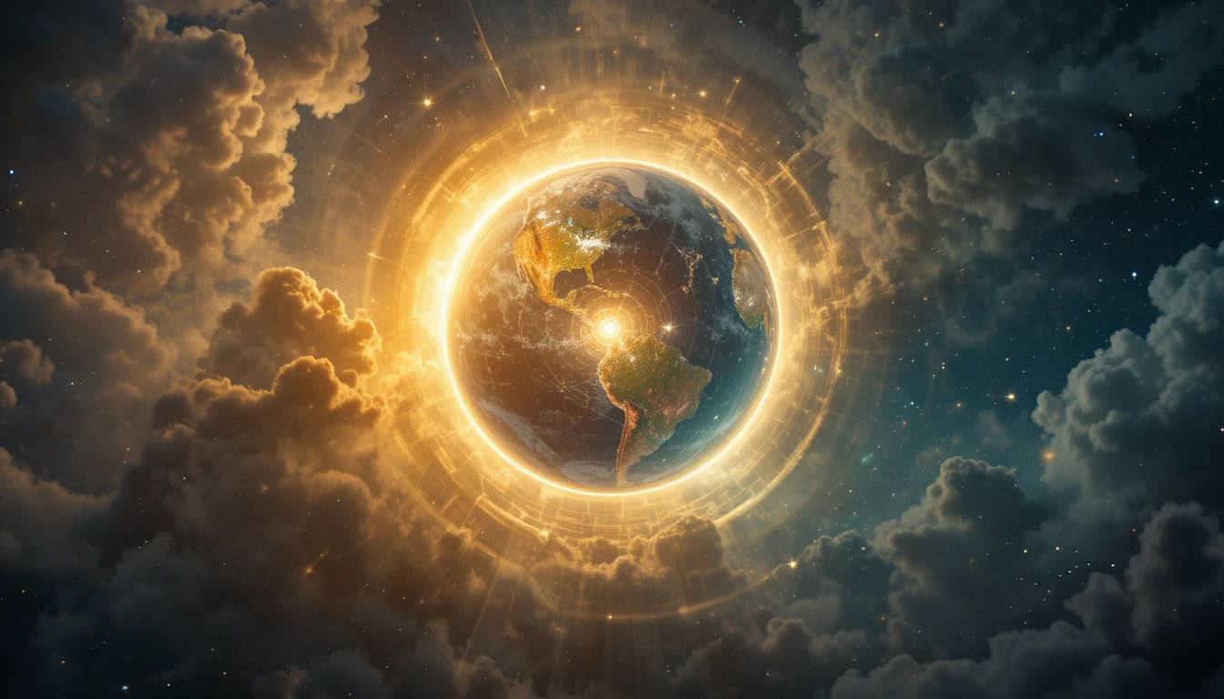Esfera divina dourada e radiante envolvendo o mundo natural