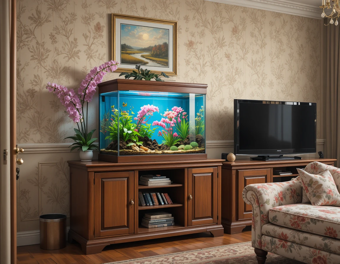 Cozy living room with hexagonal aquarium on wooden cabinet