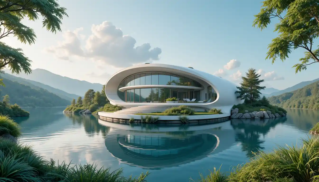Villa futuristica sospesa sopra un tranquillo lago verde