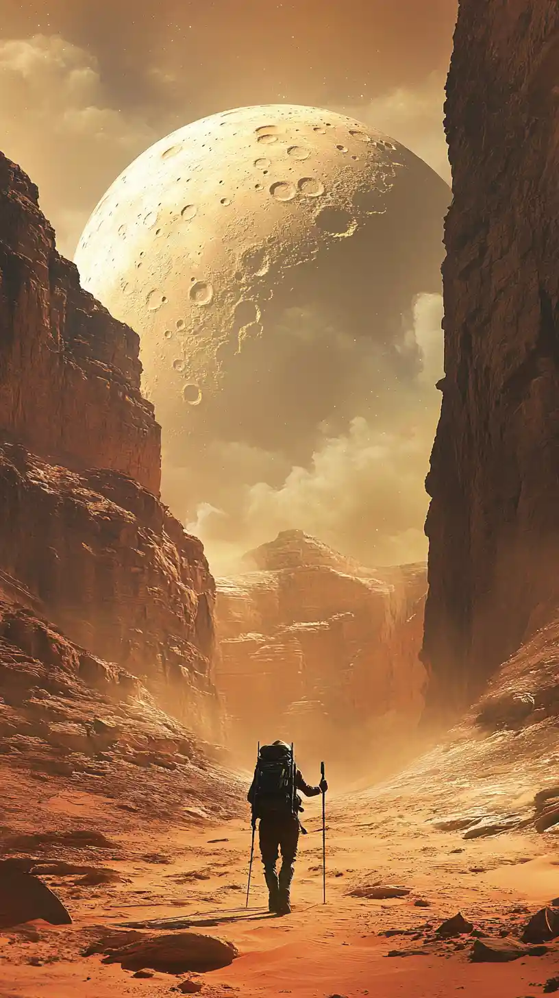 Lone hiker crossing a vast desert toward towering canyon walls