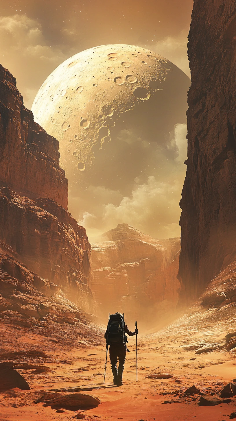 Escursionista solitario attraversa un vasto deserto verso imponenti pareti di canyon