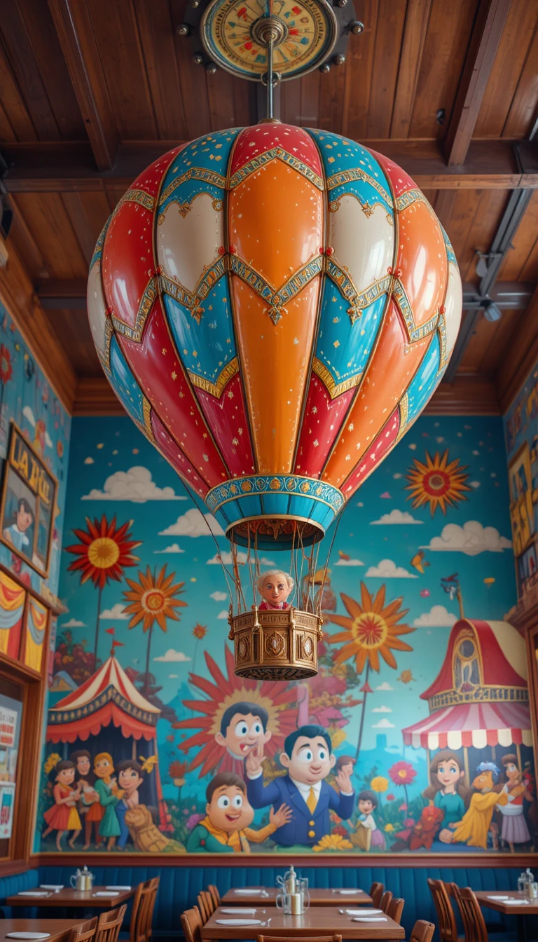 Retro hot air balloon above colorful circus mural