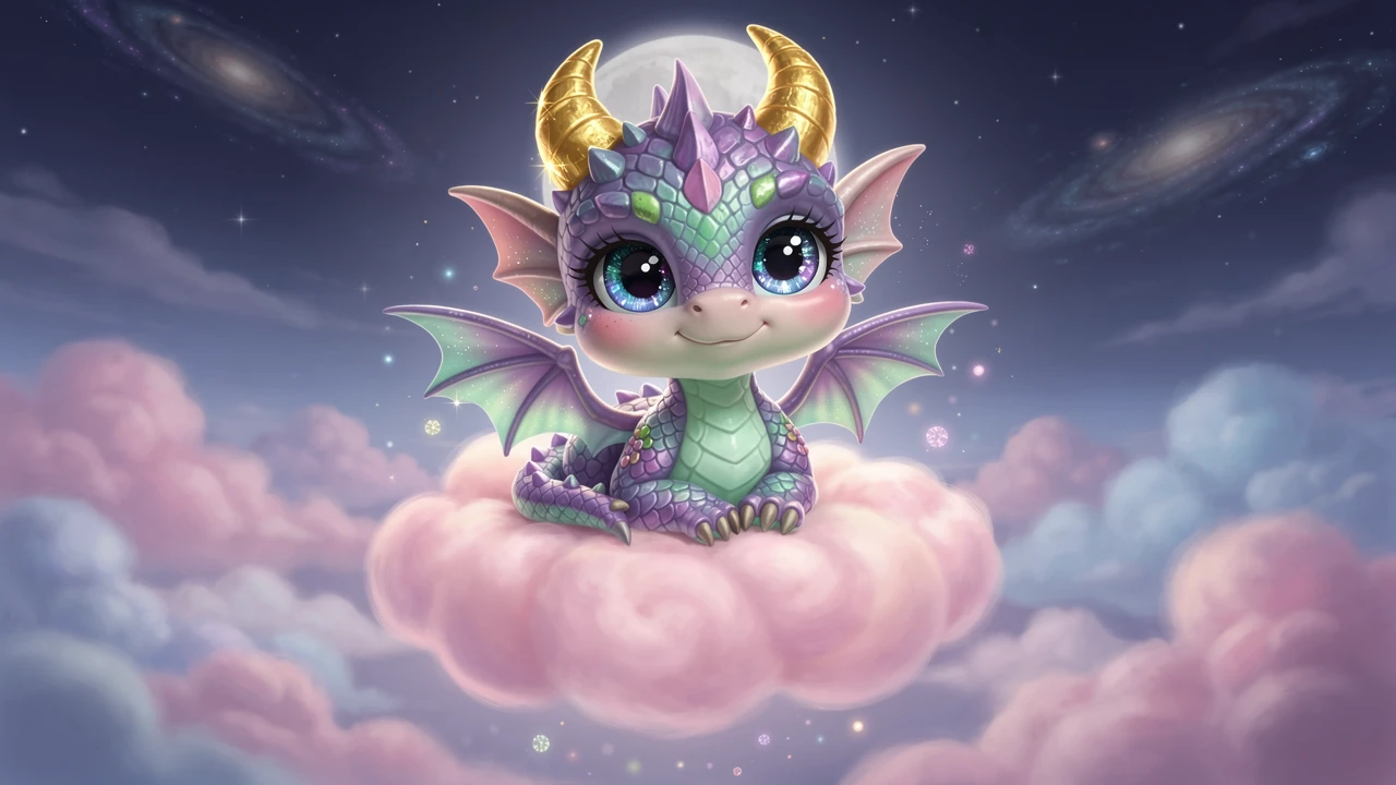 Cute baby dragon on pink cloud in dreamy night sky