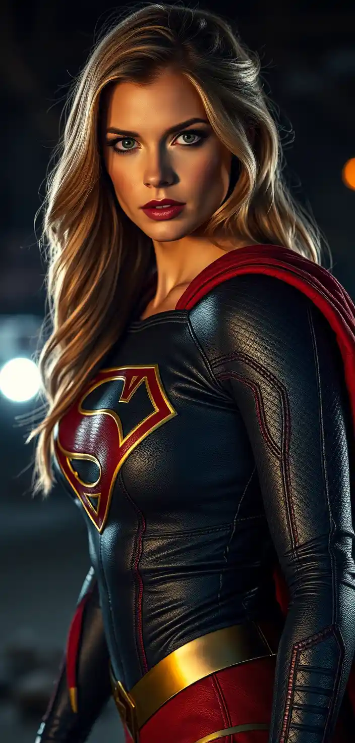 Sensual cinematic woman in leather suit under moody night lights