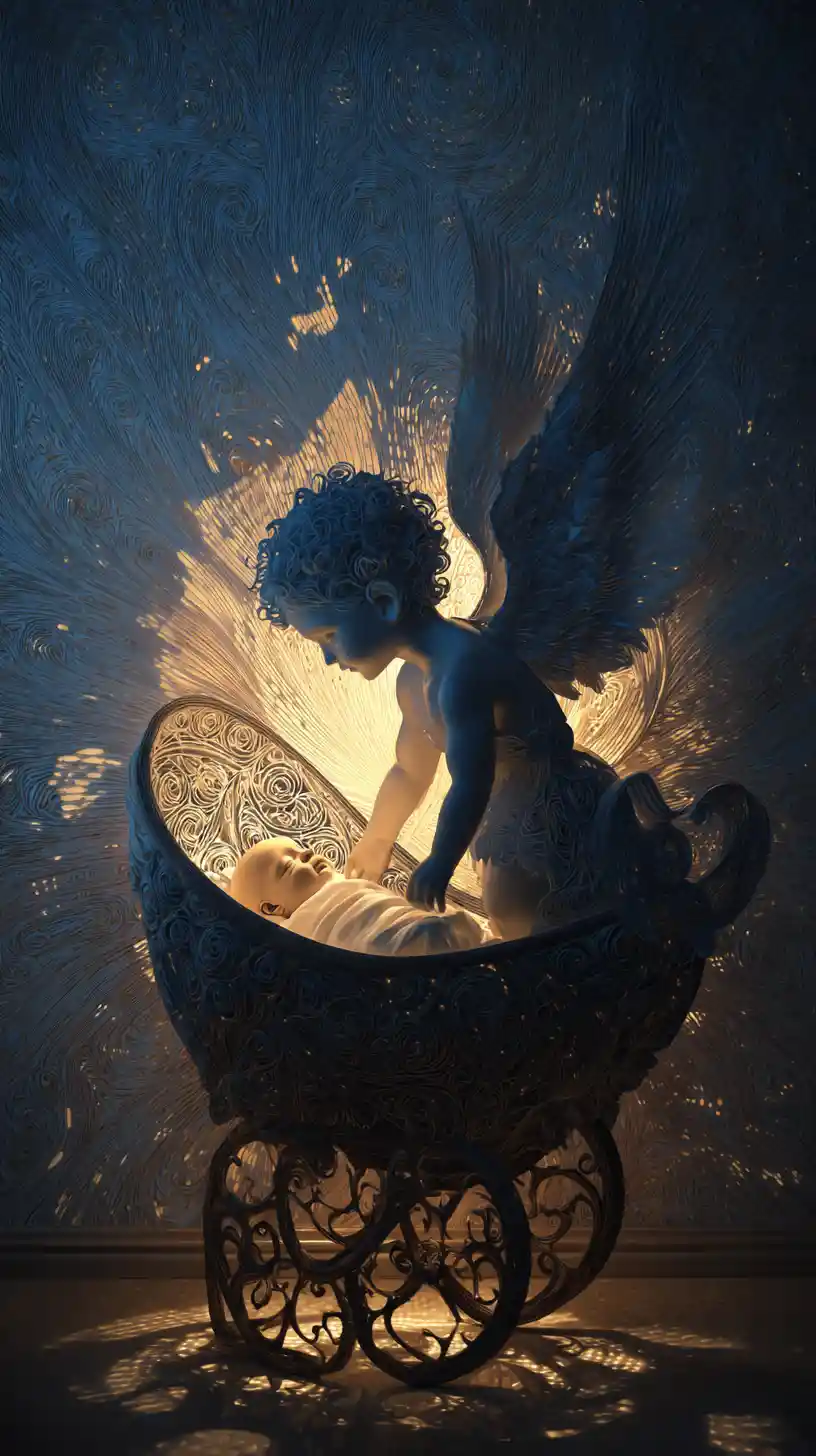 Guardian angel watching over a sleeping baby in fantasy glow