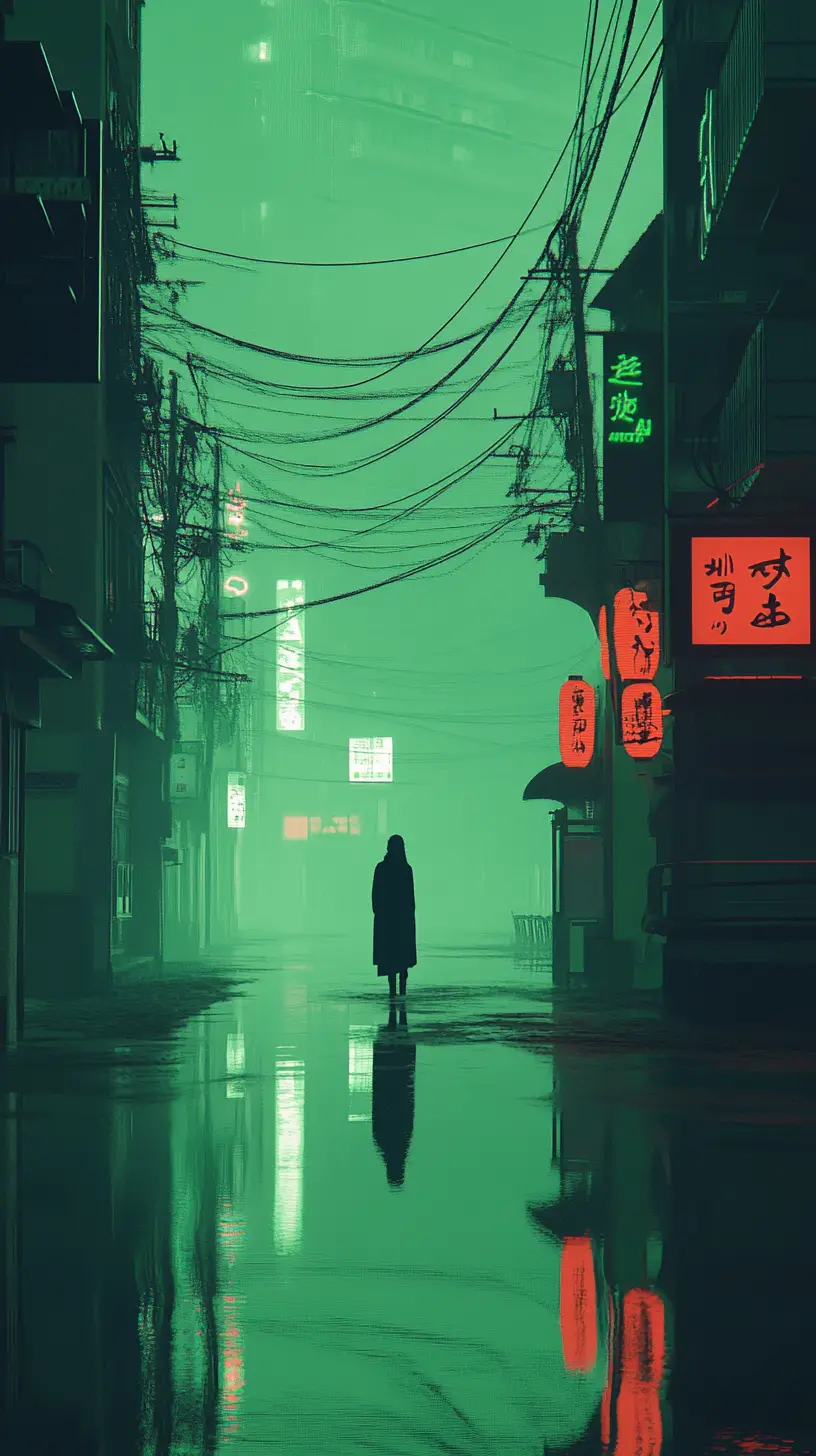 Homme solitaire près de l’eau dans une rue japonaise éclairée de vert
