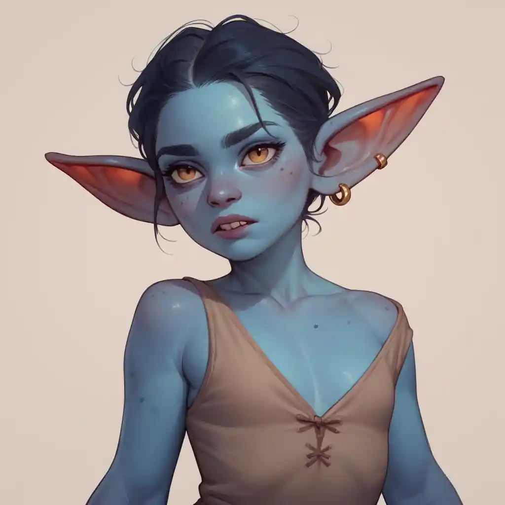 Small blue goblin standing alone in a murky swamp