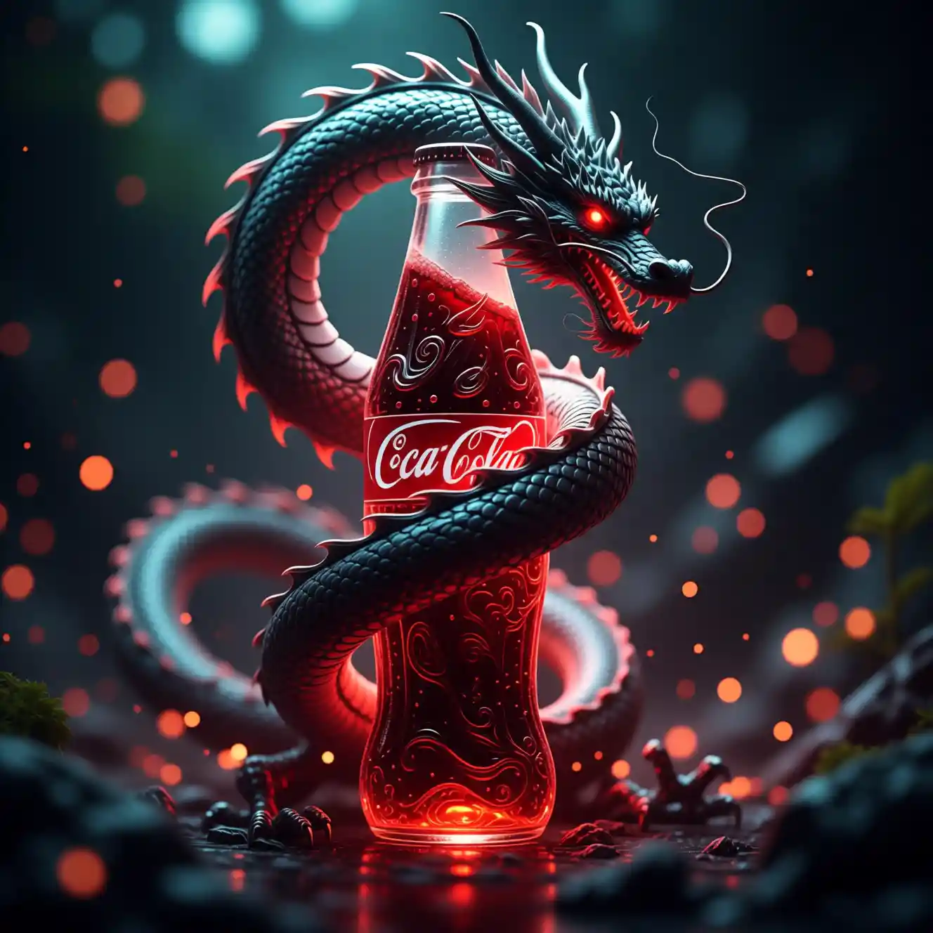 Mystical dragon wrapped around glowing red soda bottle