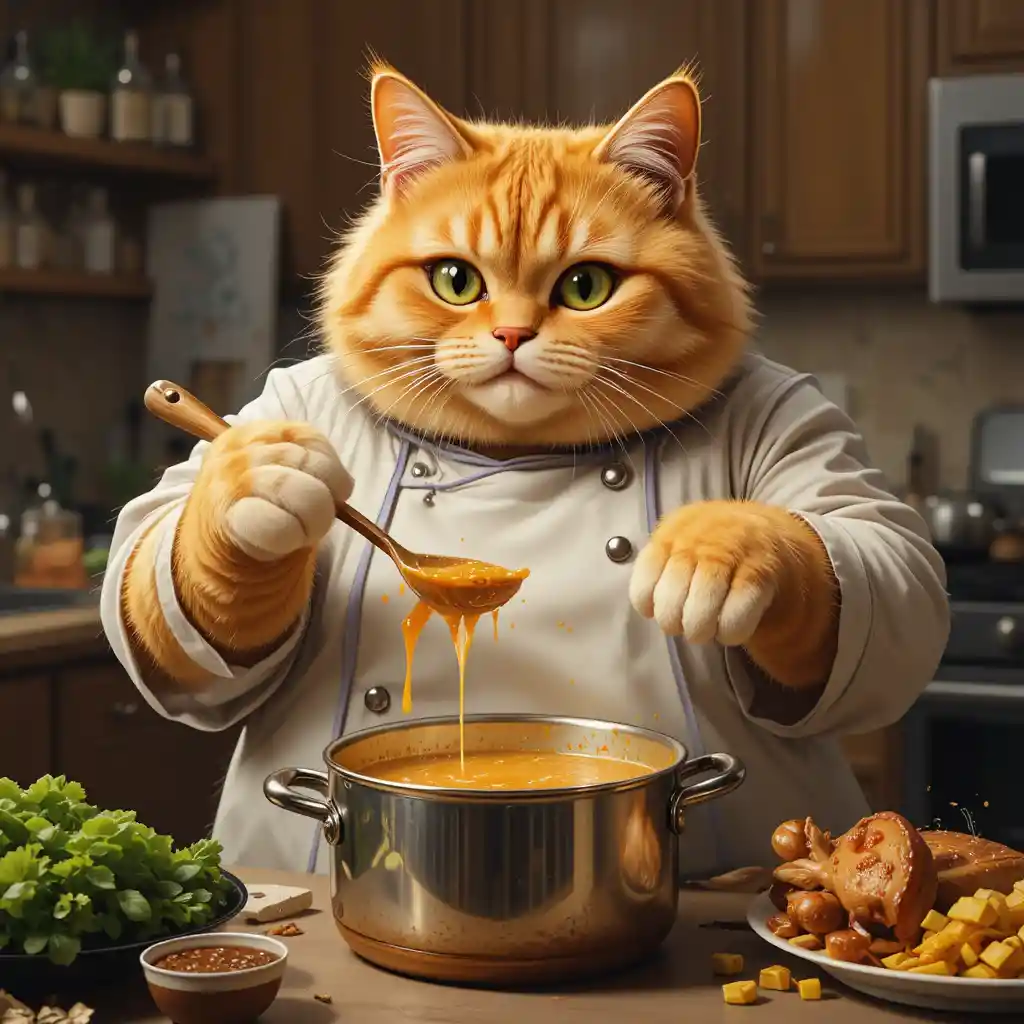 Fat orange cat tasting soup in a cozy kitchen