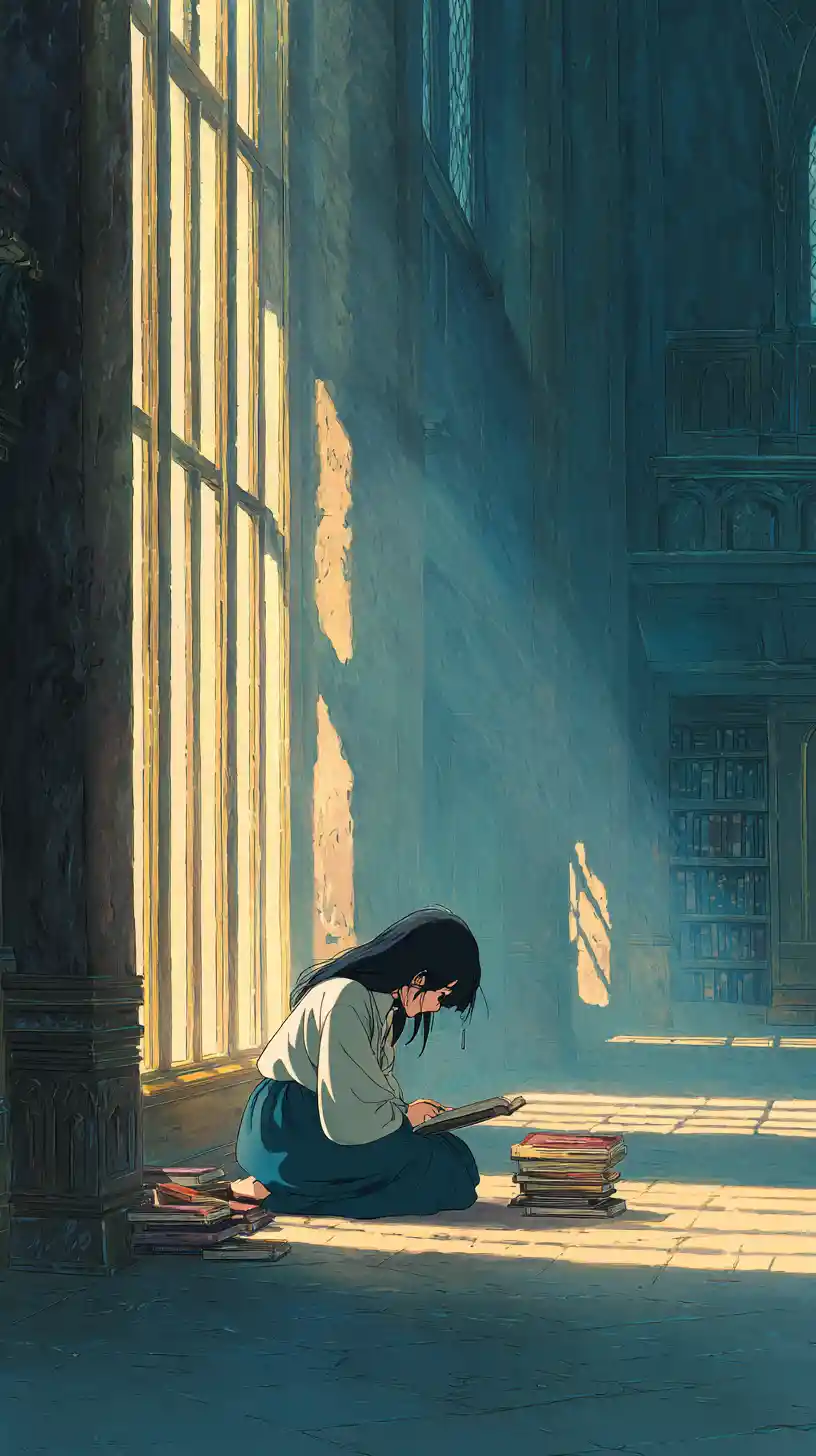 柔らかな日差しの図書館の床で本を読むアニメ少女