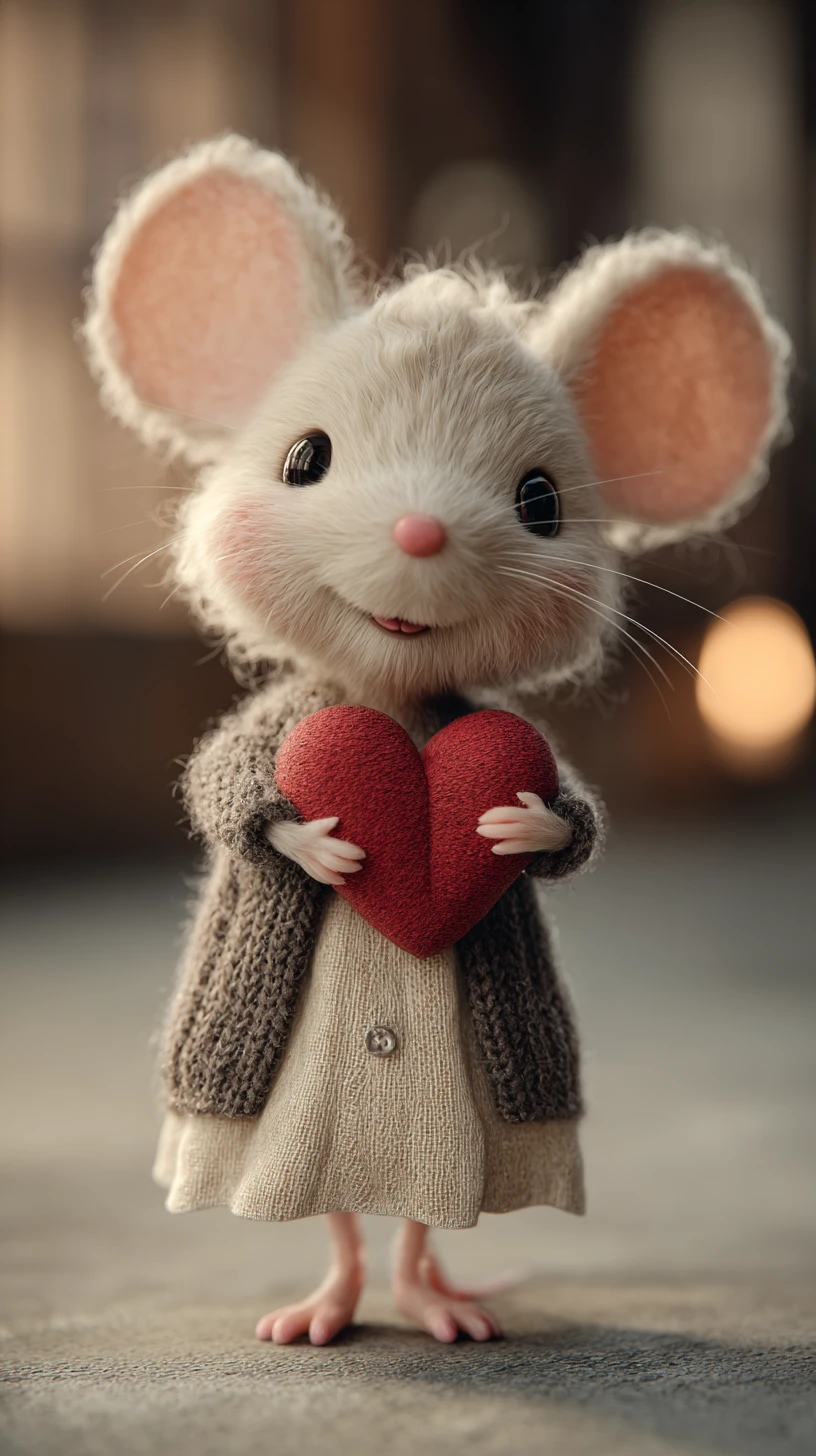 Adorável menina ratinha 3D em desenho animado segurando um coração vermelho