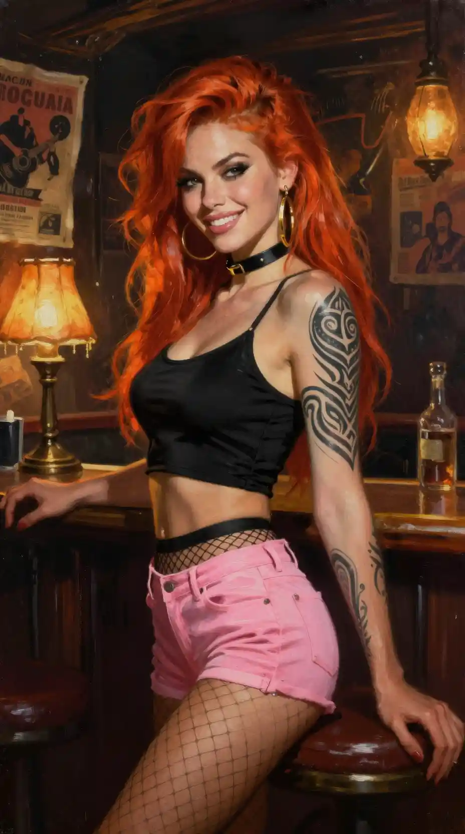 Mujer punk en bar en claroscuro con lámparas ámbar resplandecientes