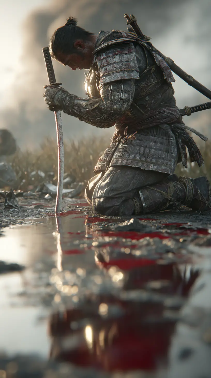 Samurai kniet nachdenklich auf einem chaotischen Schlachtfeld