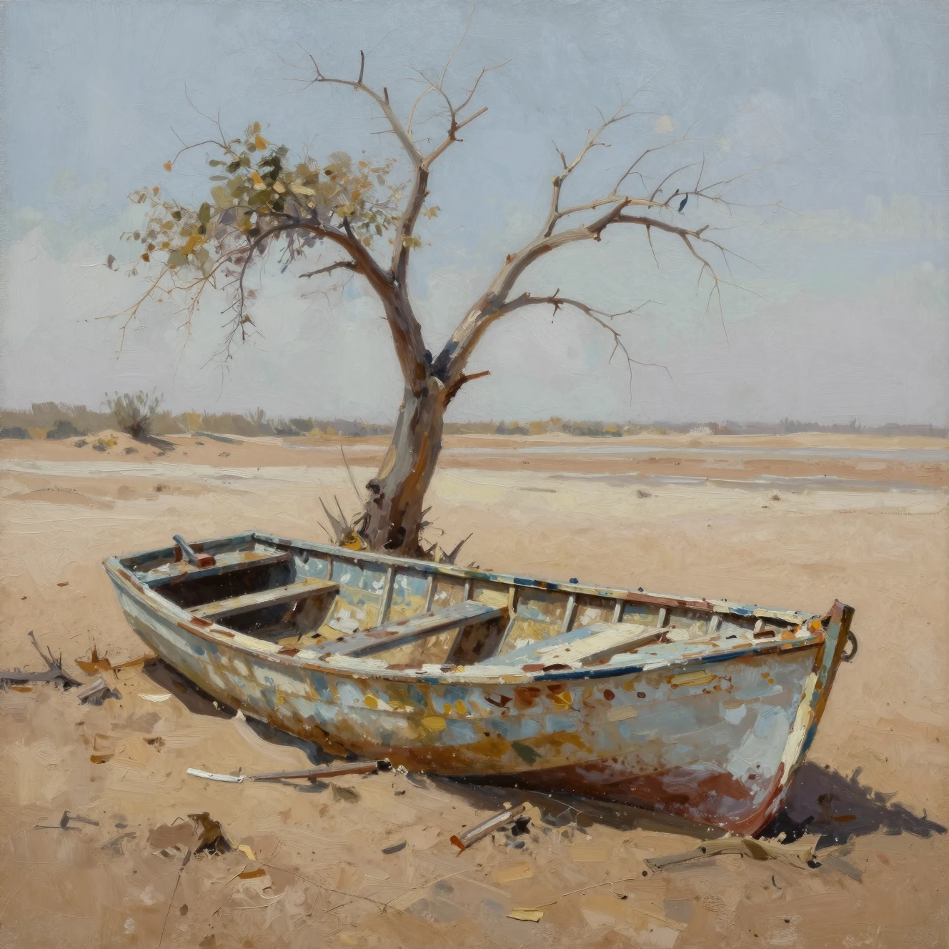 Pintura a óleo de barco em decomposição em leito de lago desértico e árido