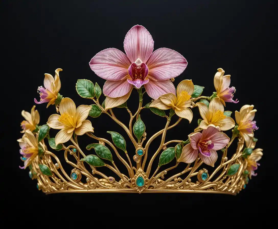 Tiará de orquídea dorada con gemas de colores sobre fondo negro