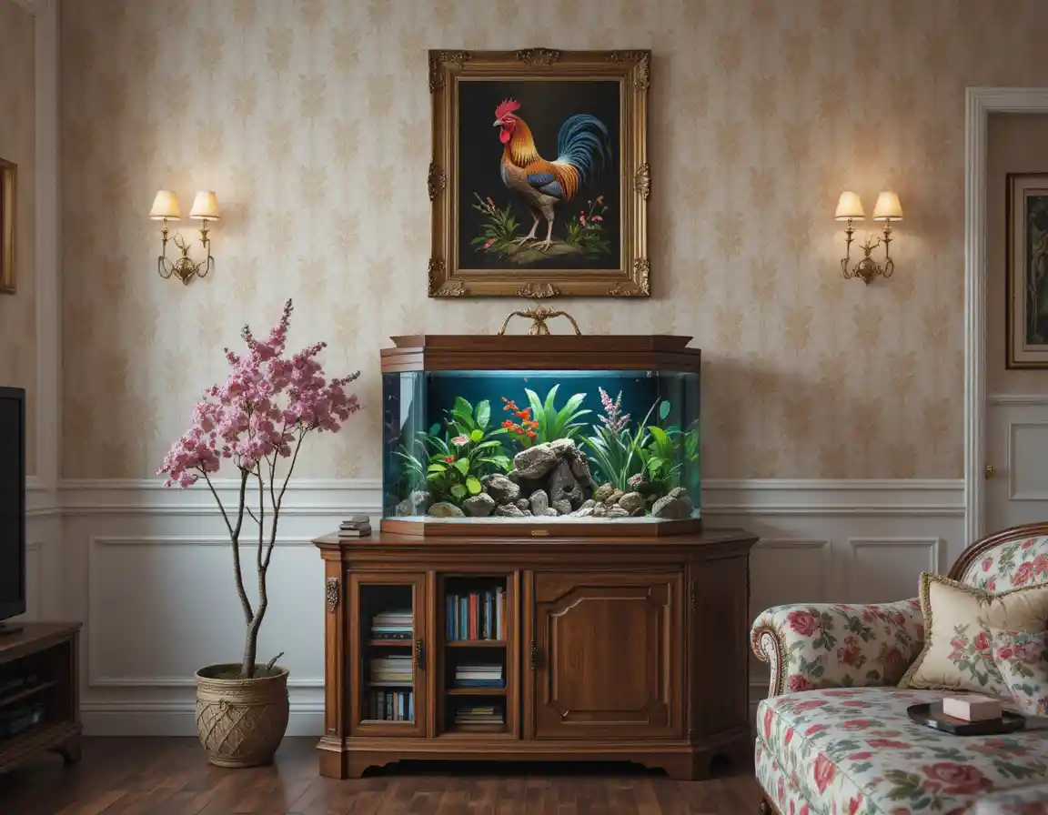 Cozy living room with hexagonal aquarium and floral decor