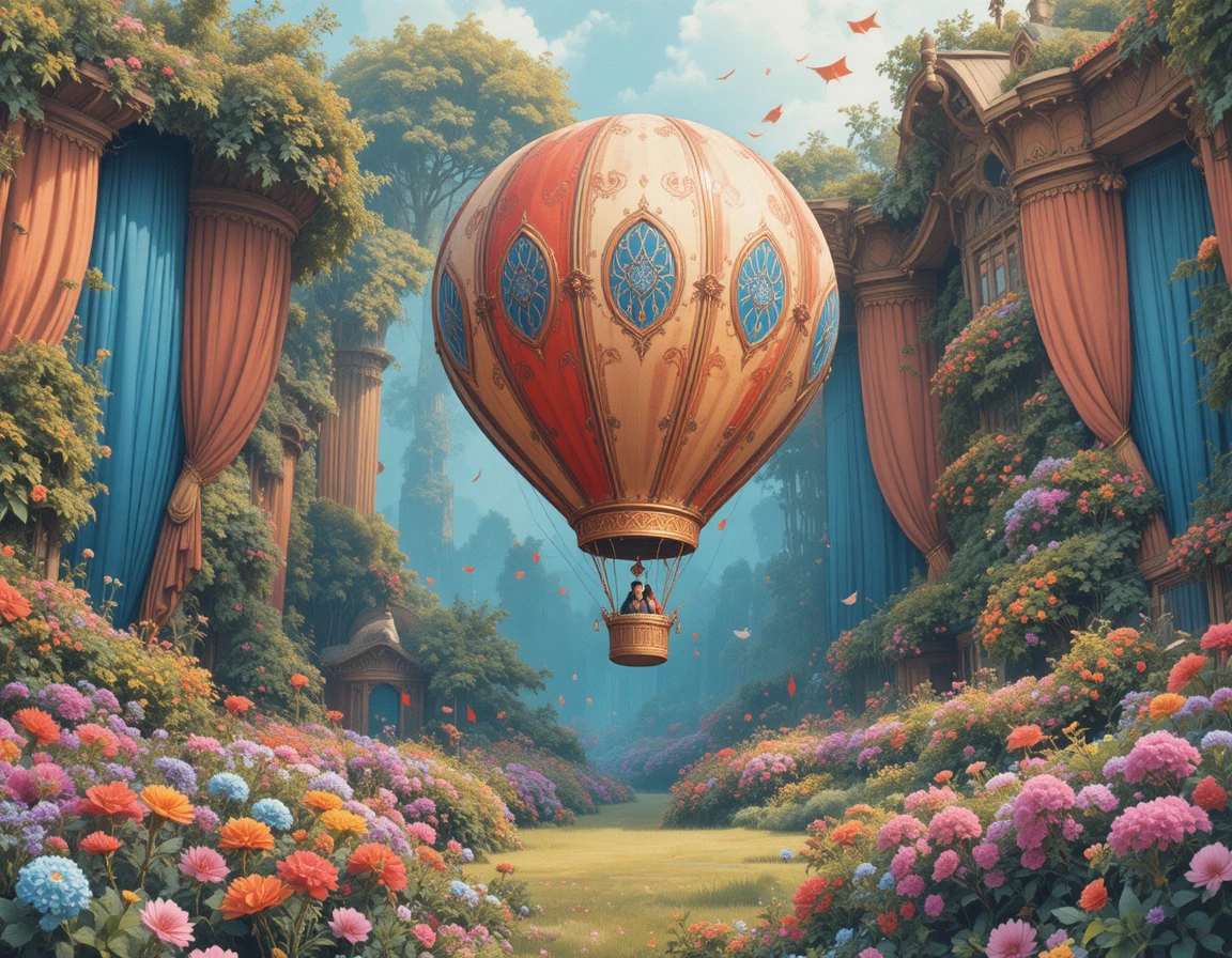 Retro hot air balloon over a colorful circus garden