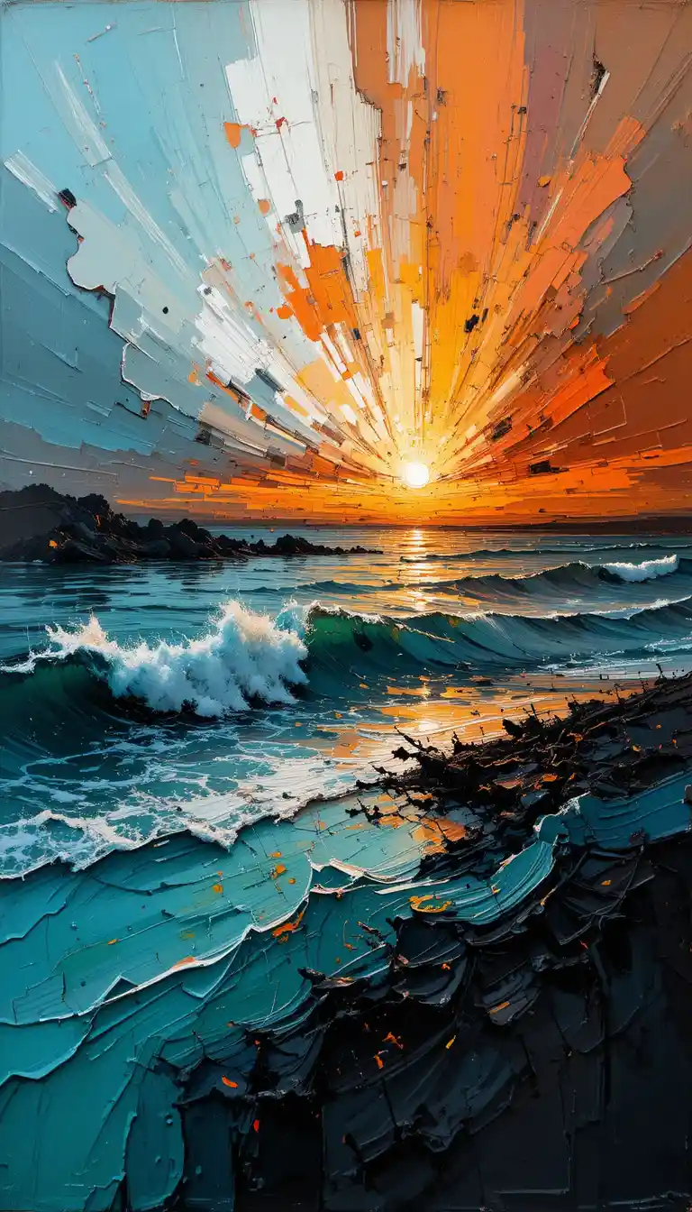 Abstrakter Strandsonnenuntergang mit wilden expressiven Pinselstrichen