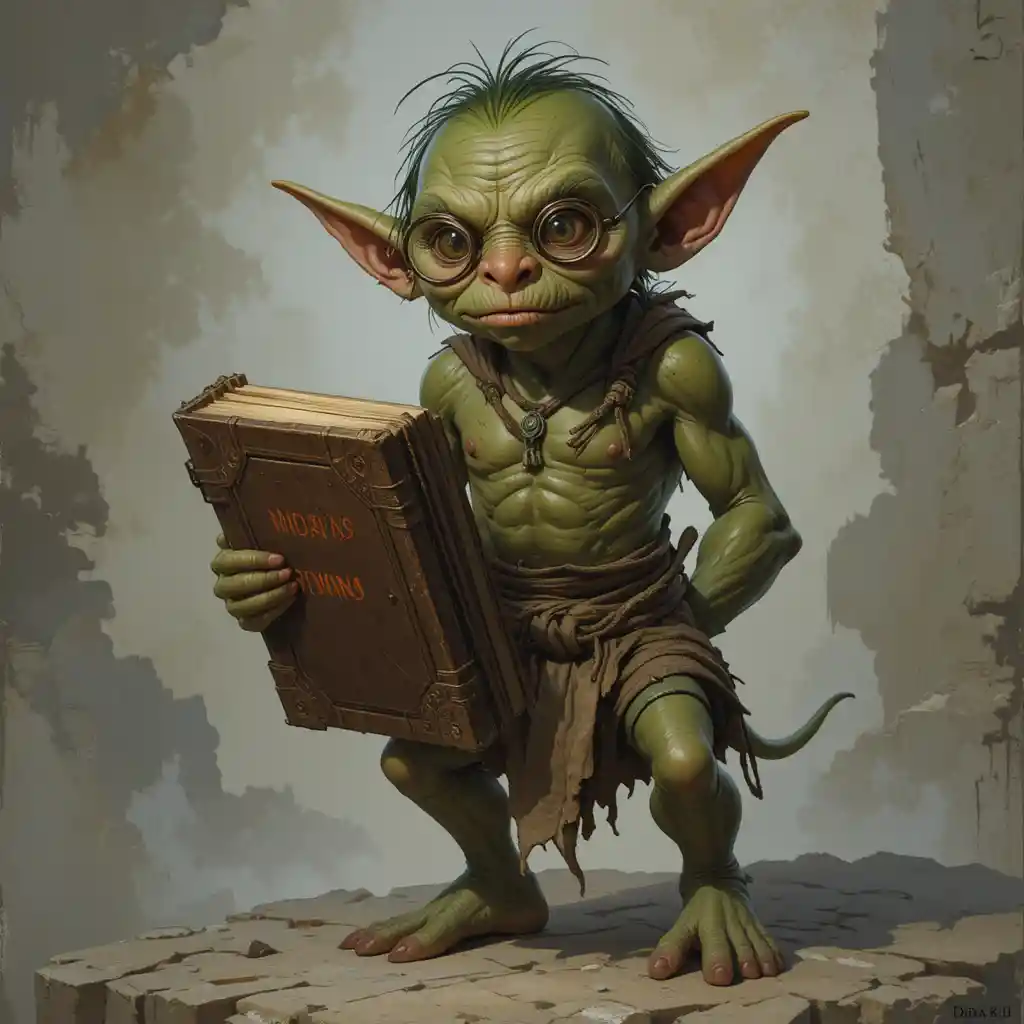 Goblin erudito concentrado segurando um enorme tomo antigo