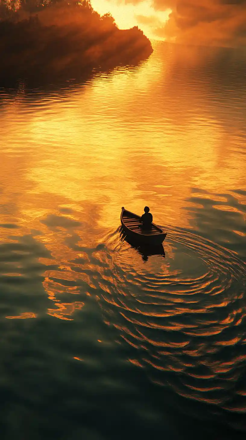 Solitary boat on tranquil lake at golden sunset
