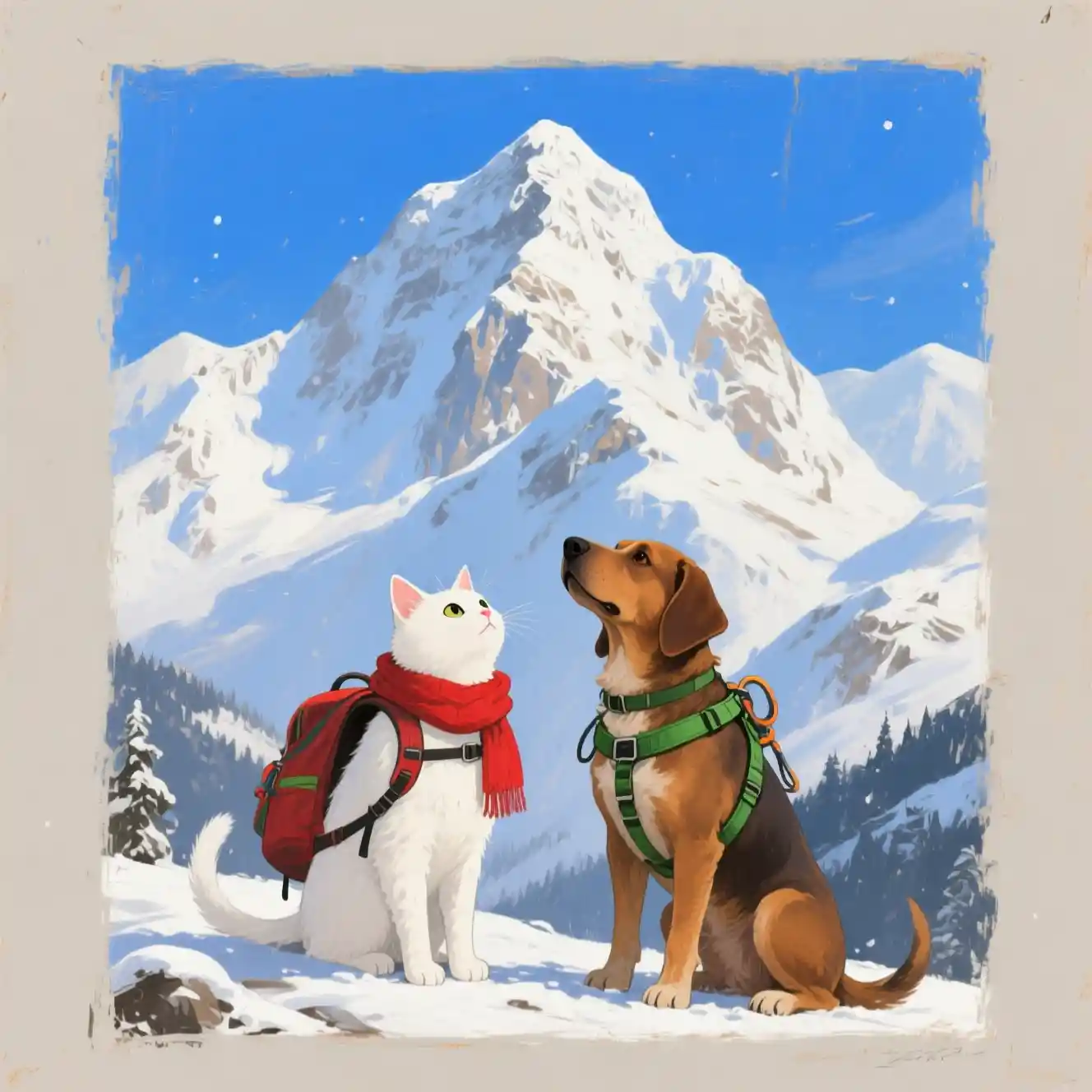 猫と犬がそびえ立つ雪山の頂を見つめる