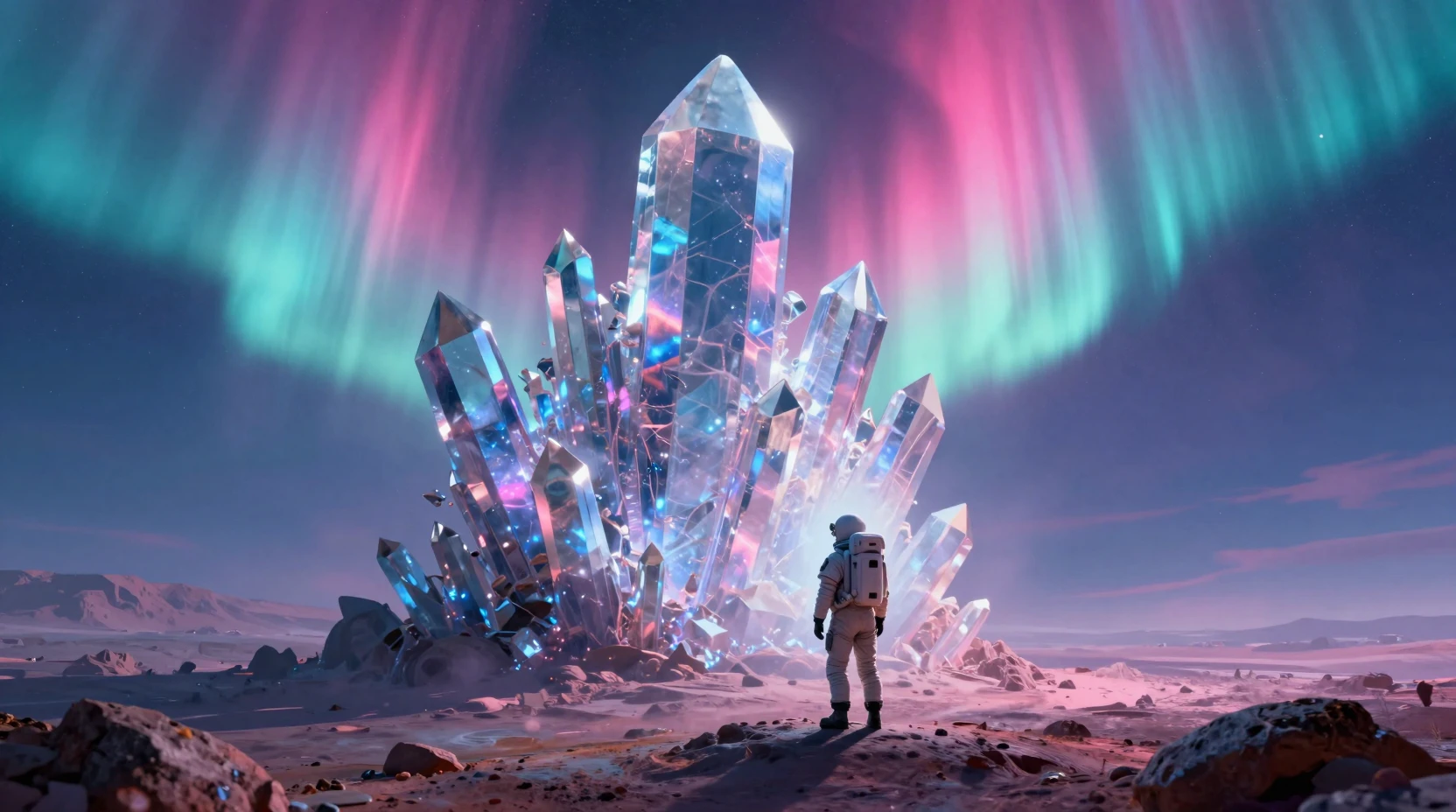 Astronaut Facing Crystalline Structure On Neon Alien World