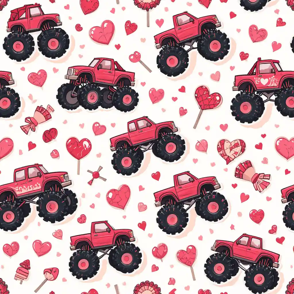 Motivo cartoon senza soluzione di continuità con simpatici monster truck di San Valentino