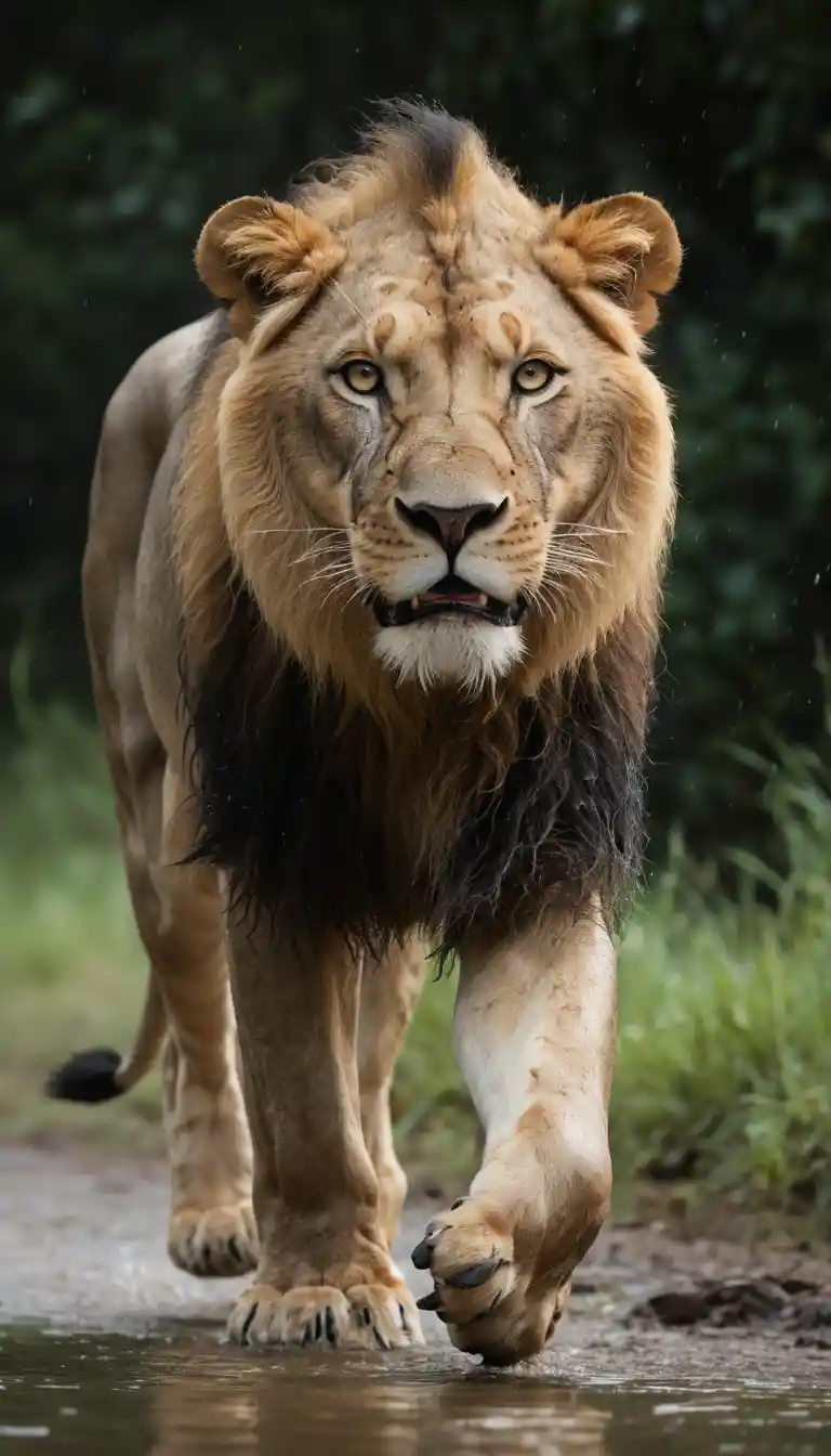 Lion mâle rugissant marchant sous une forte pluie vue de face