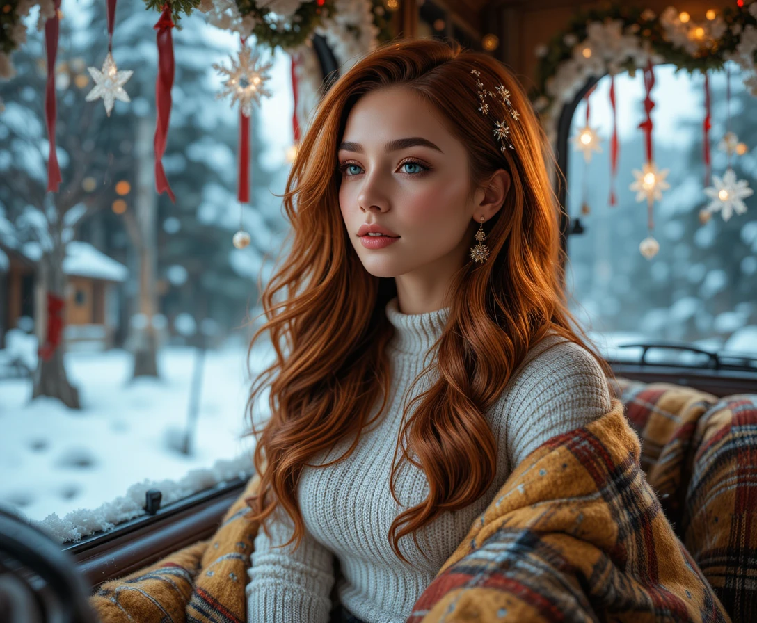 Mujer en ventana de campo observando la suave nevada invernal