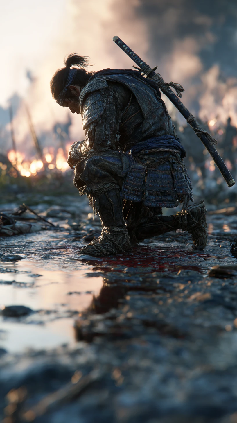 Samurai ajoelhado em um campo de batalha arruinado após a vitória