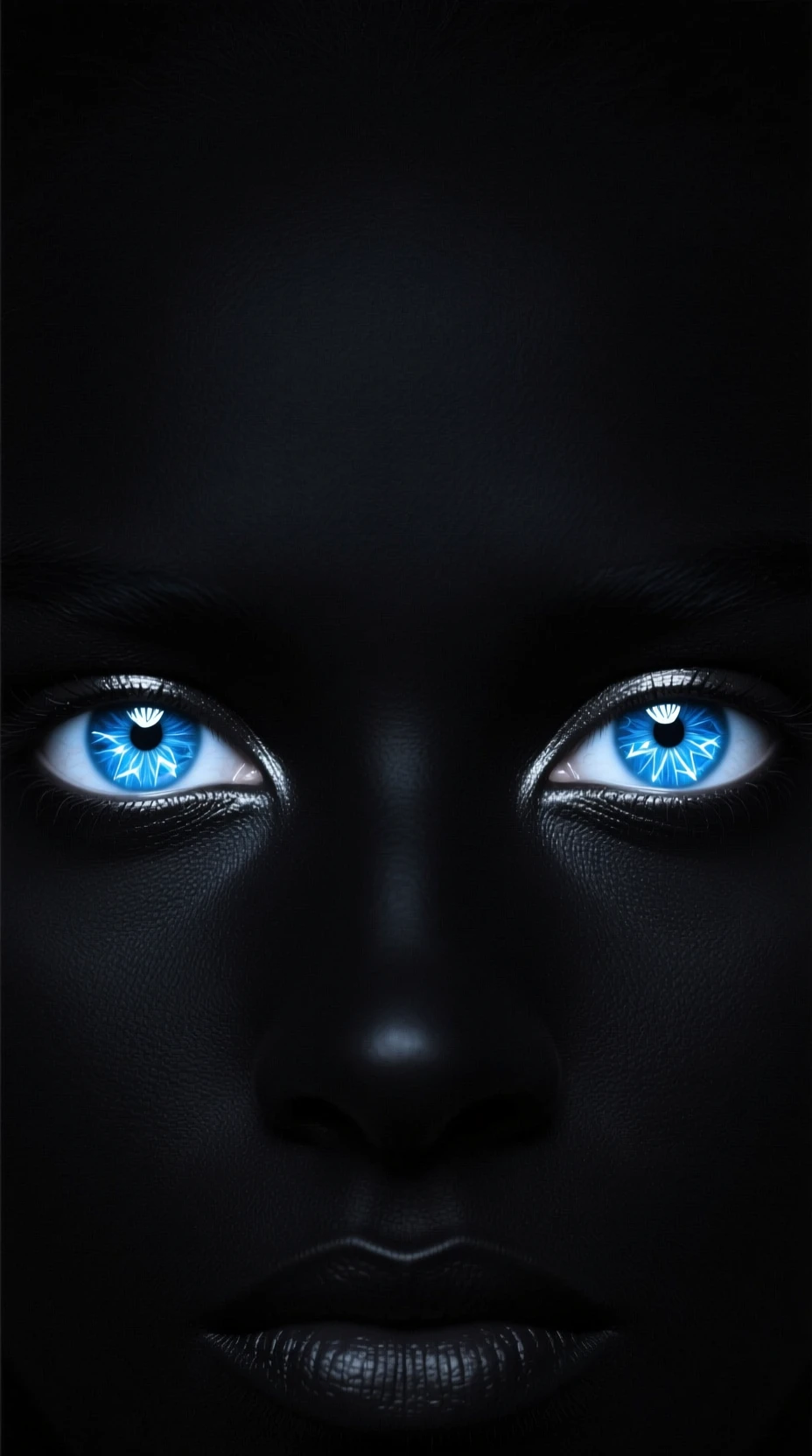 Glowing crystal blue eyes emerging from pure black void