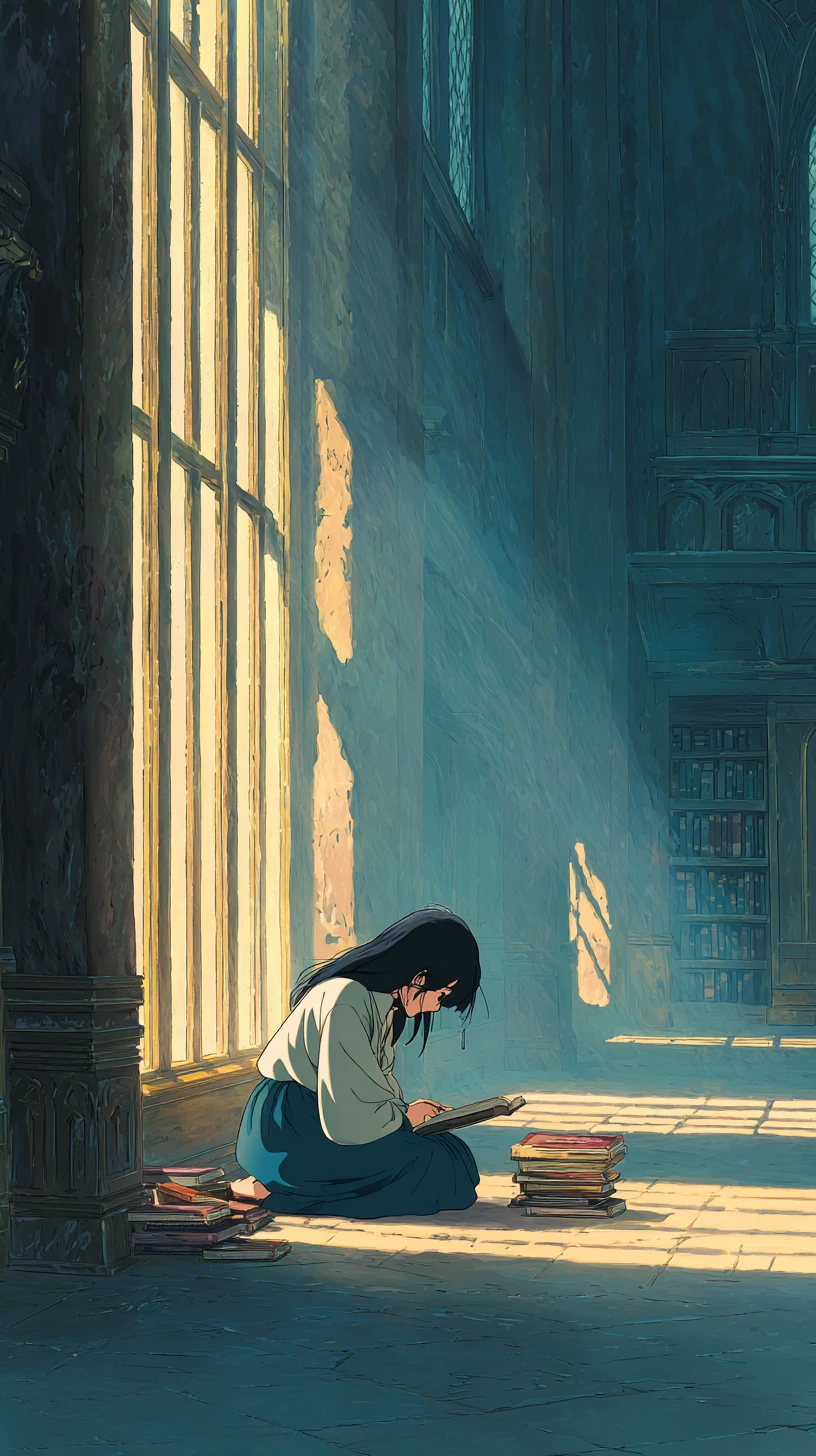 Garota de anime lendo no chão da biblioteca à luz suave do sol