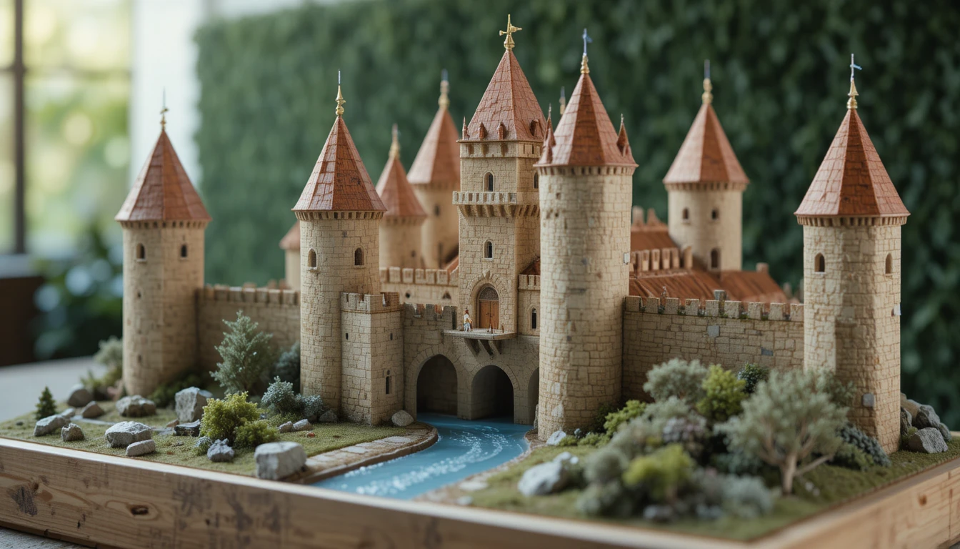 Maquete detalhada de castelo medieval em base de madeira