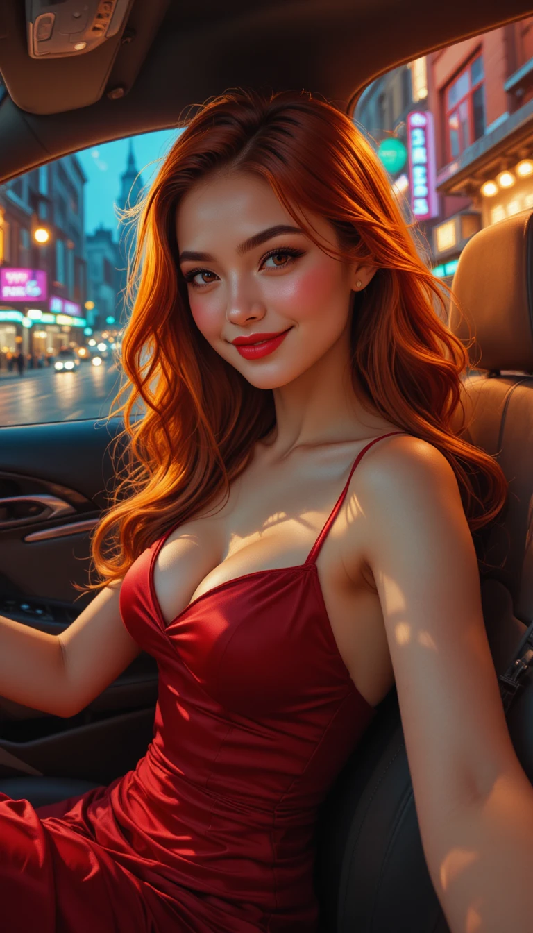 紅髮女子駕車穿梭在霓虹燈城市中