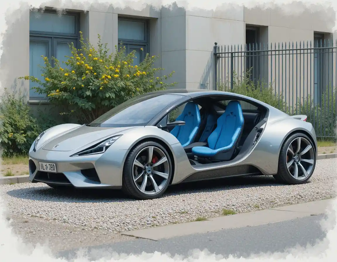 Carro futurista prateado com bancos azuis em área de estacionamento de cascalho