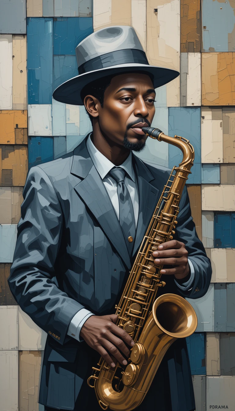 Retrato cubista de um saxofonista de jazz em tons de azul e cinza