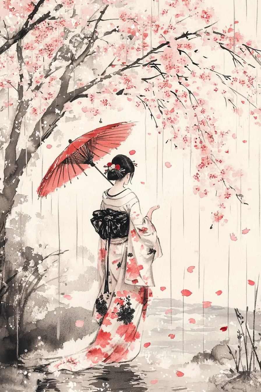 雨中櫻花間的和服日本女子