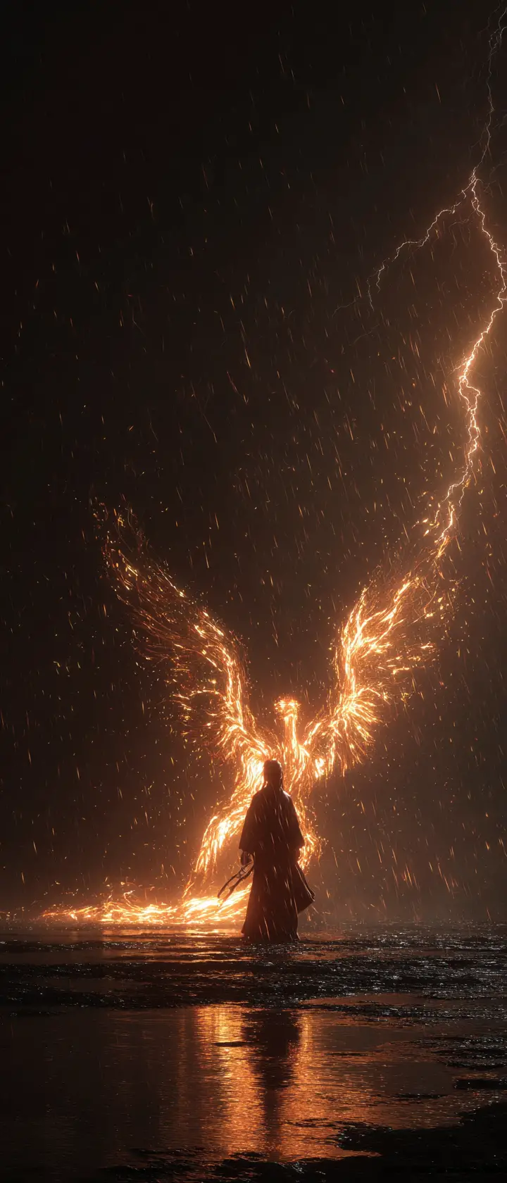 劇烈雷暴天空中浴火重生的鳳凰