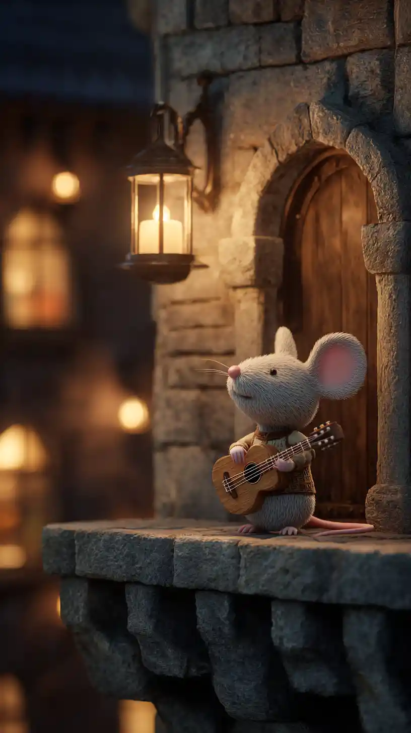 3d cartoon mouse serenade under a medieval stone balcony