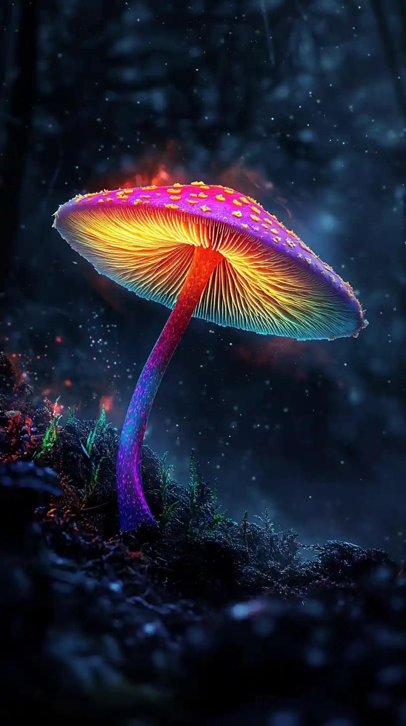 Fungo fantasy al neon che si alza da una foresta oscura