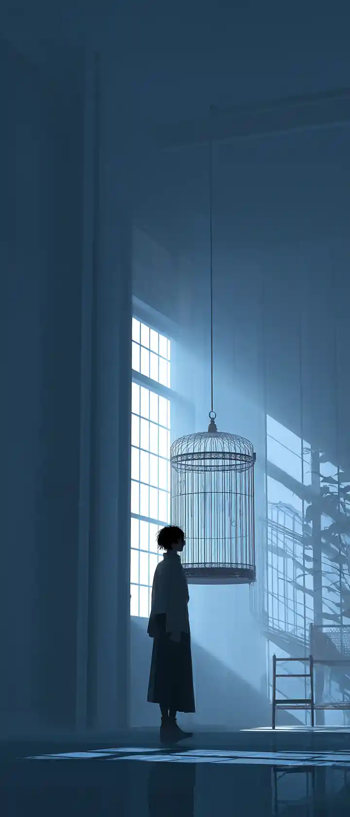 Solitary figure gazing at an empty birdcage in silence
