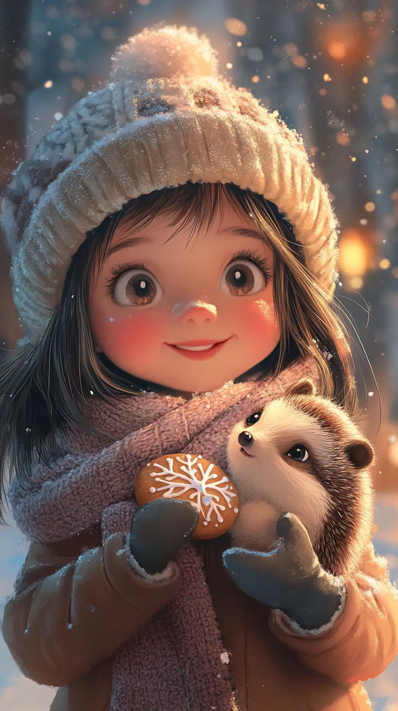 Smiling winter girl with cookie and hedgehog companion