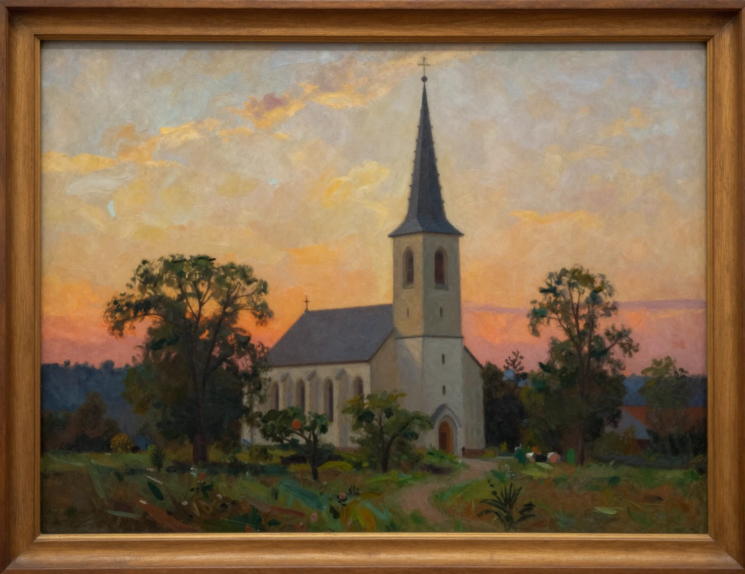 Dipinto impressionista di una chiesa di campagna al tramonto